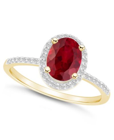 Кольцо Halo с выращенным рубином (1-1/4 ct. t.w.) и выращенным сапфиром (1/5 ct. t.w.) в 10K желтом золоте
