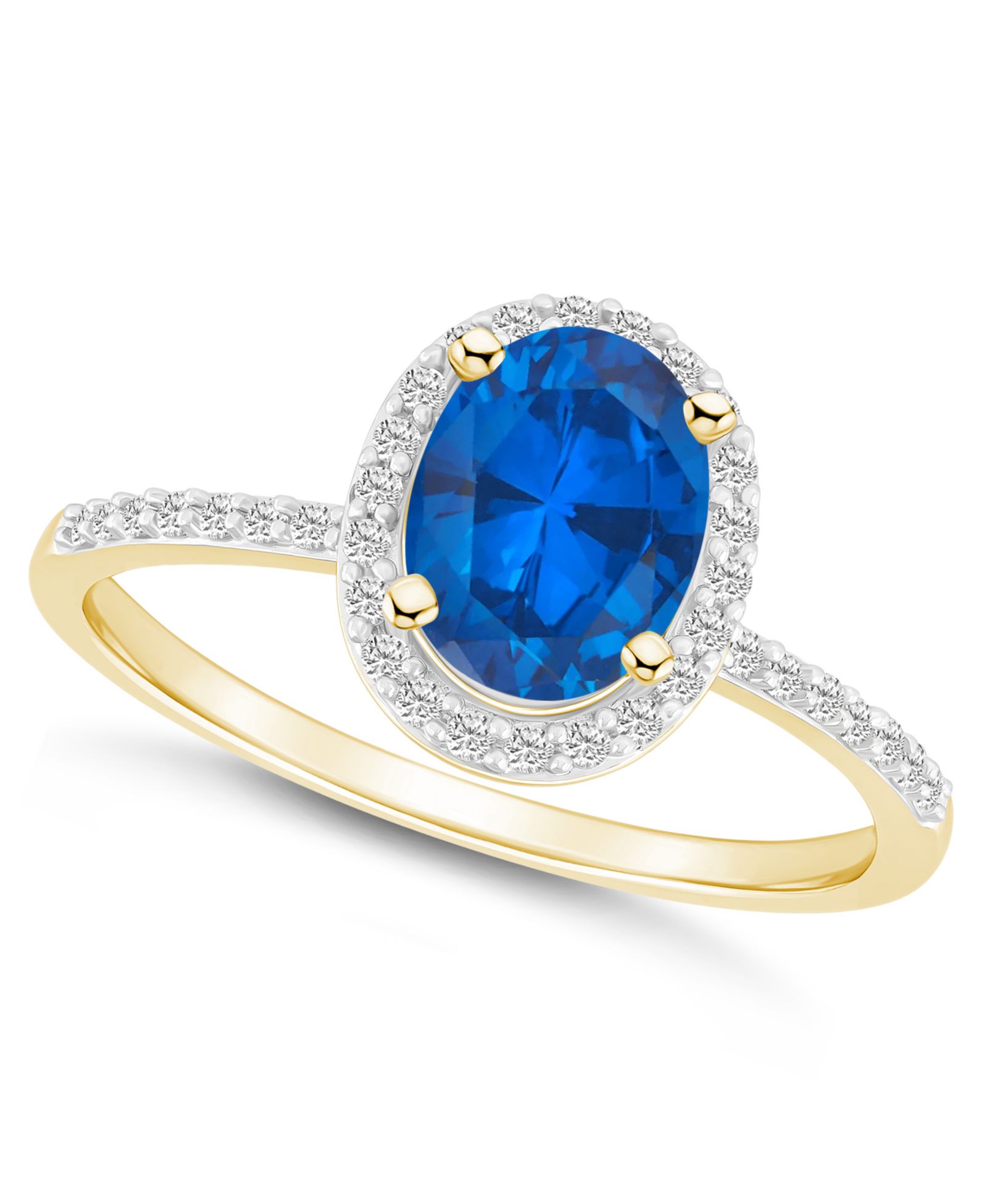 Macy's Lab Grown Sapphire (1-1/2 ct. t.w.) and Lab Grown White Sapphire (1/5 ct. t.w.) Halo Ring in 10K Yellow Gold