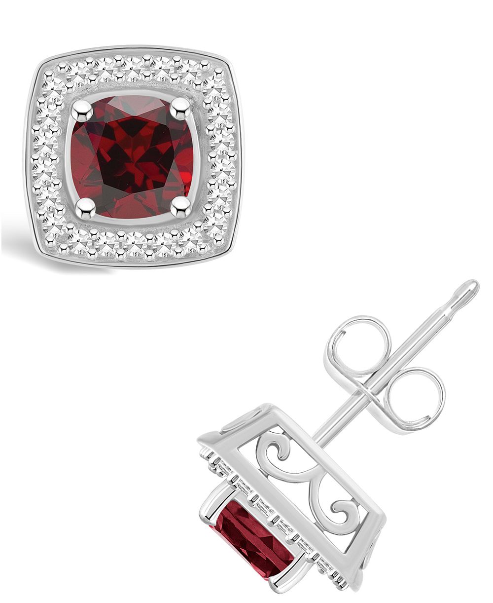 Серьги-гвоздики Macy's с гранатом (1-1/2 ct. t.w.) и бриллиантом (1/5 ct. t.w.) в оправе из стерлингового серебра
