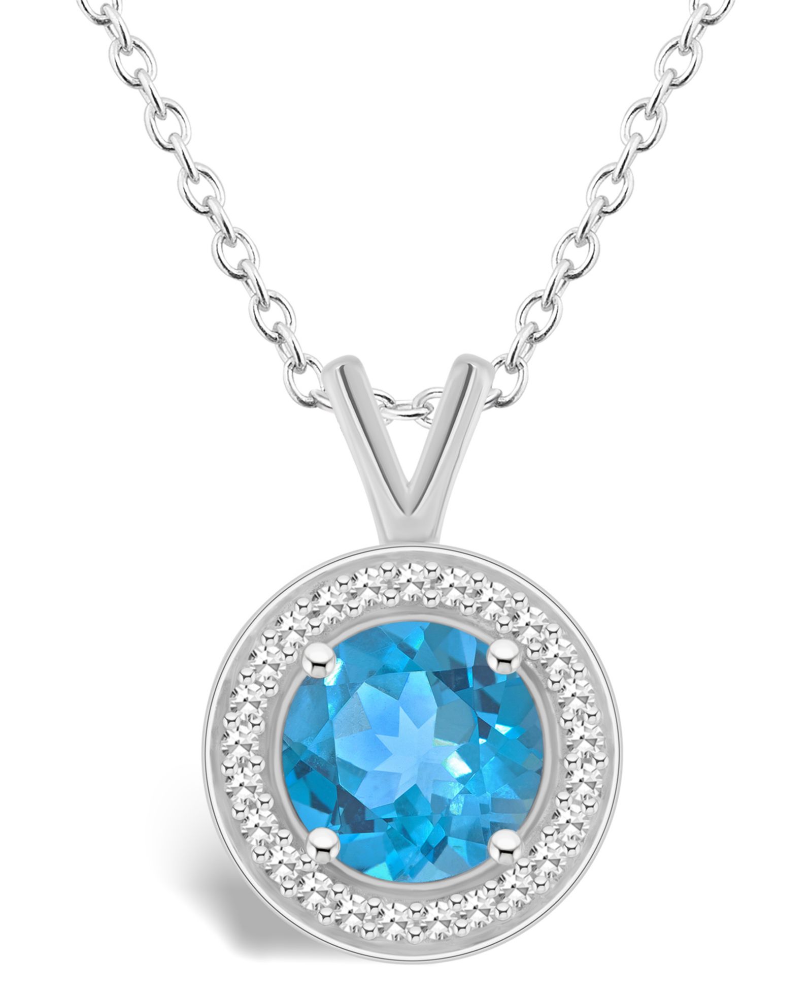 Подвеска ожерелье с голубым топазом (1-2/3 ct. t.w.) и бриллиантом (1/8 ct. t.w.) в оправе Halo из стерлингового серебра