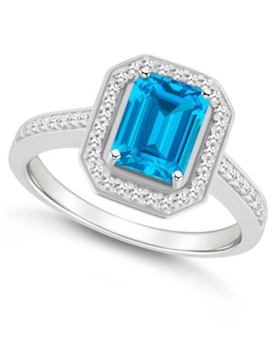 Кольцо Macy's Blue Topaz (2 ct. t.w.) and Diamond (1/5 ct. t.w.) Halo в стерлинговом серебре