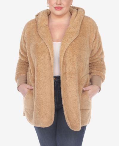 White Mark Plus Size Plush Hooded Cardigan Jacket with Pockets