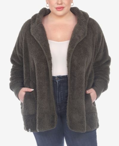 White Mark Plus Size Plush Hooded Cardigan Jacket with Pockets
