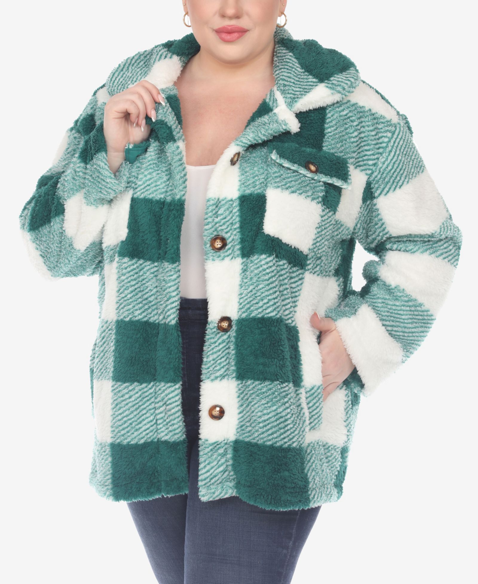 White Mark Plus Size Plaid Shacket Jacket