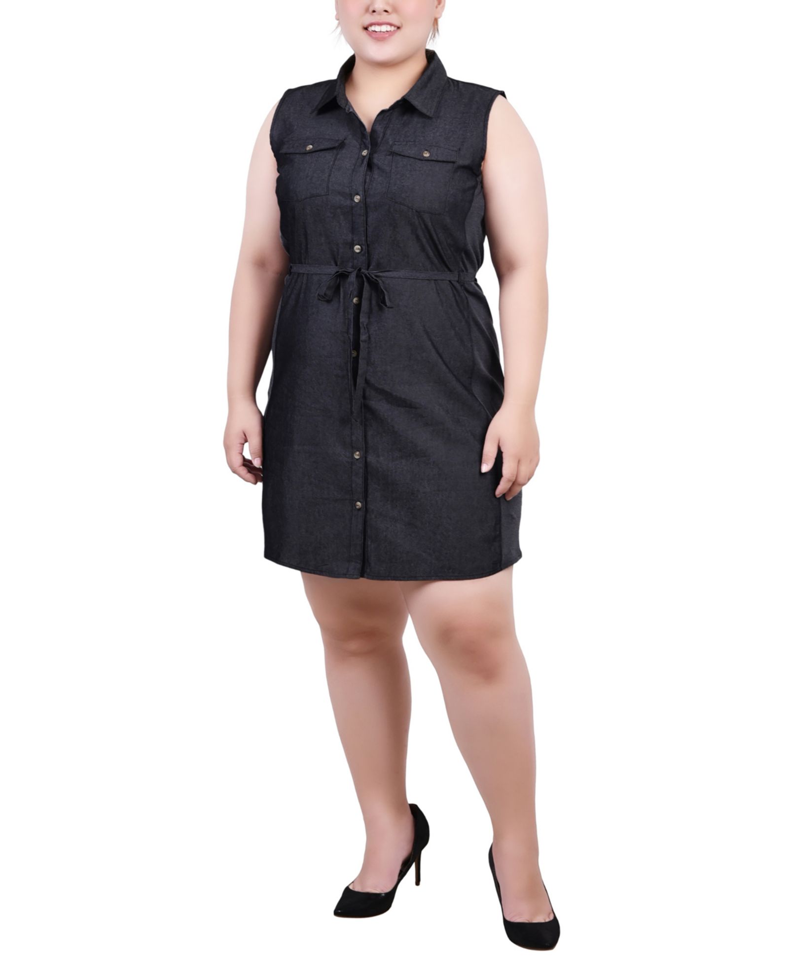 NY Collection Plus Size Sleeveless Belted Chambray Dress