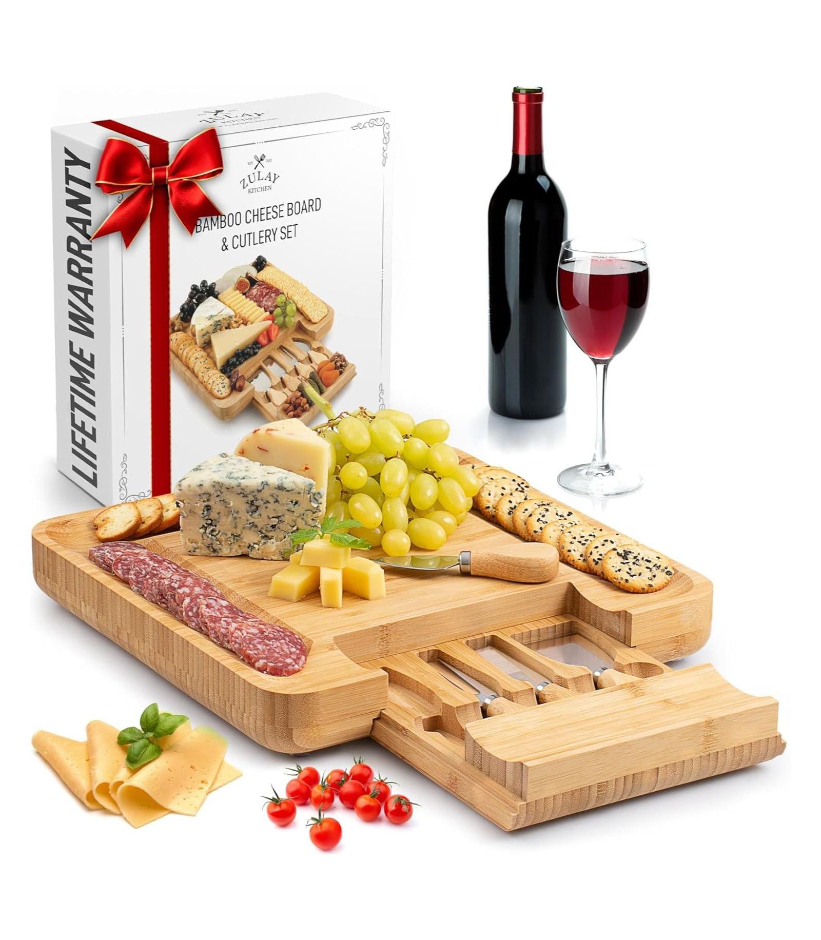 Zulay Kitchen Extra Thick Bamboo Charcuterie Board Set with 4 Piece Knife Set