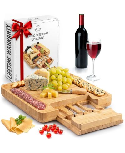 Zulay Kitchen Extra Thick Bamboo Charcuterie Board Set with 4 Piece Knife Set