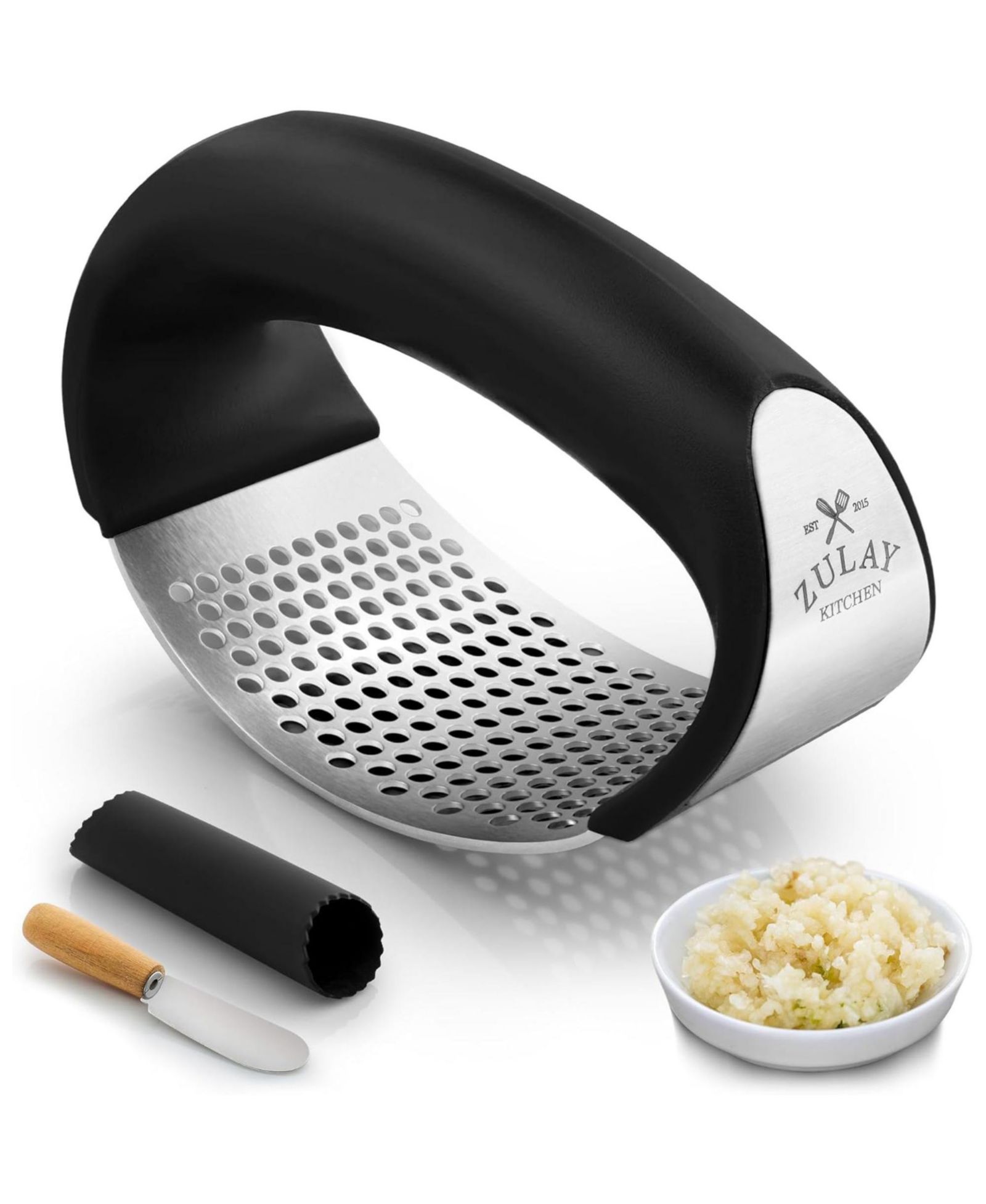 Zulay Kitchen Stainless Steel Garlic Press Rocker with Peeler and Scraper