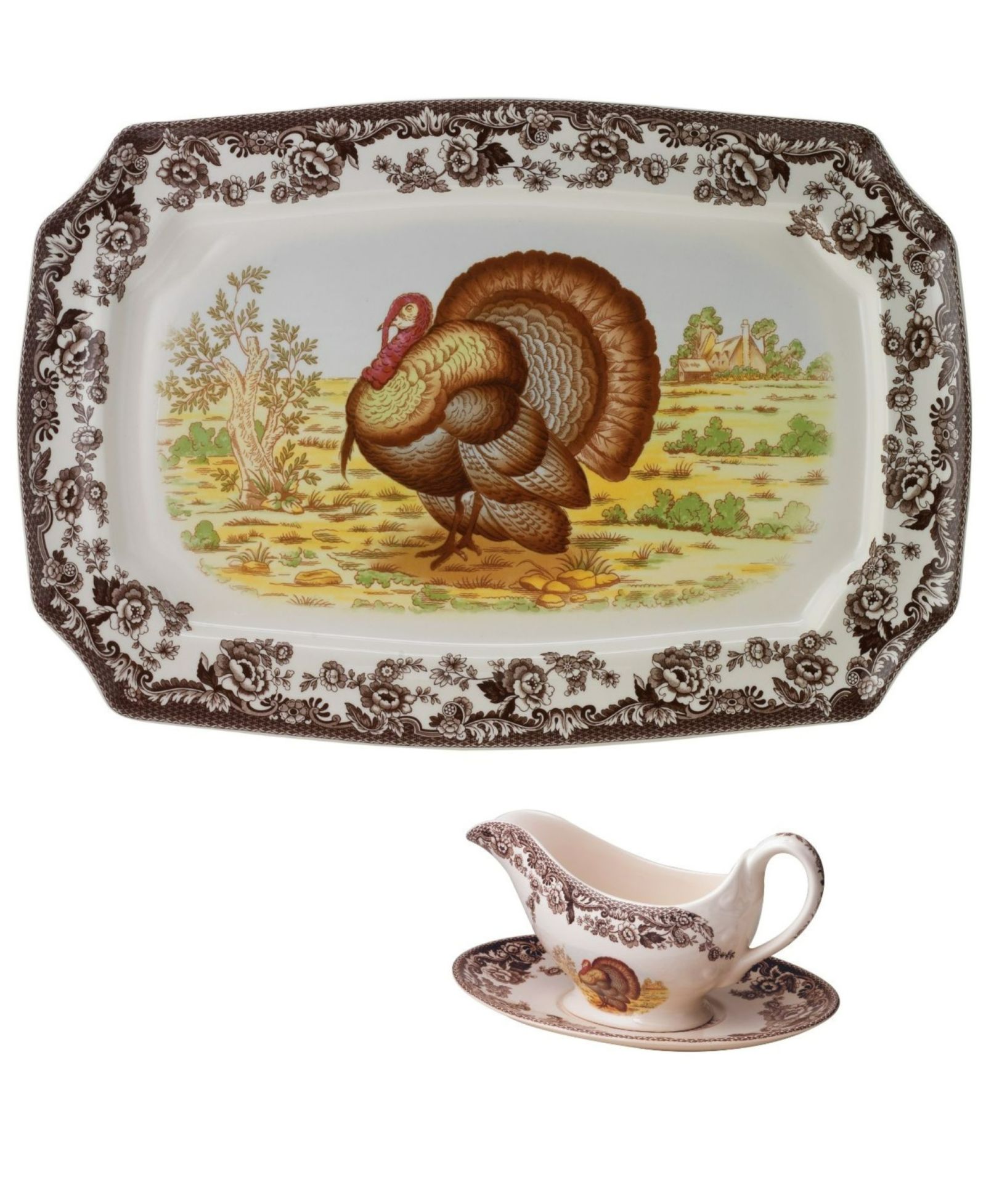 Spode Woodland Turkey соусник и блюдо