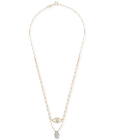 Wrapped™ Diamond Evil Eye & Hamsa Hand Layered Pendant Necklace (1/6 ct. t.w.) in 10k Gold, 17" + 1" extender, Created for Macy's