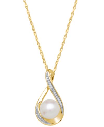 Honora Cultured Freshwater Pearl (9mm) and Diamond Accent Pendant 18" Necklace in 14k Gold