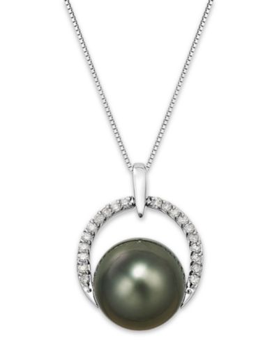 Tahitian Pearl (12 mm) and Diamond (1/5 ct. t.w.) Arch Pendant Necklace in 14k White Gold