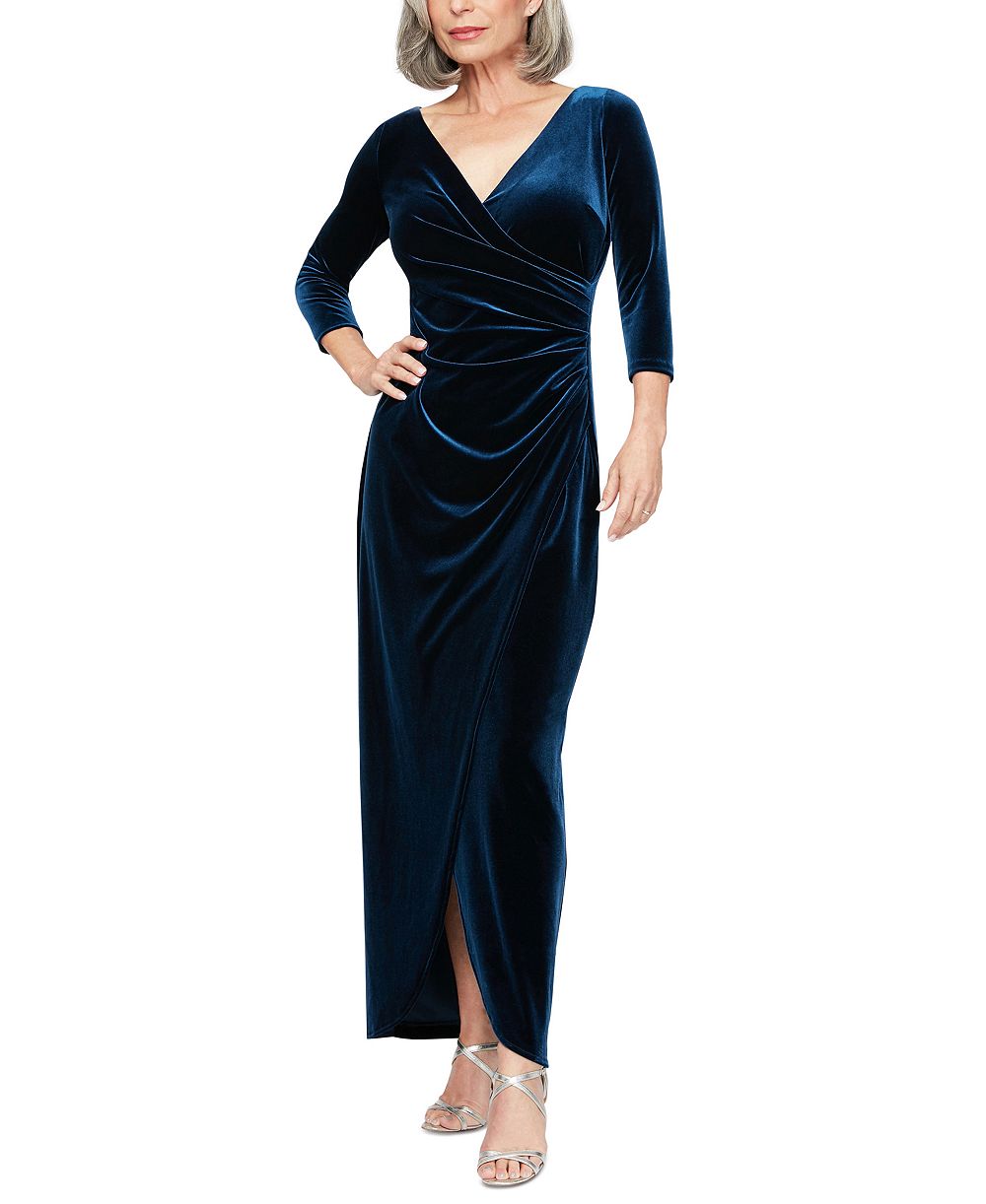 Alex Evenings Petite Long Velvet Surplice V-Neckline Dress