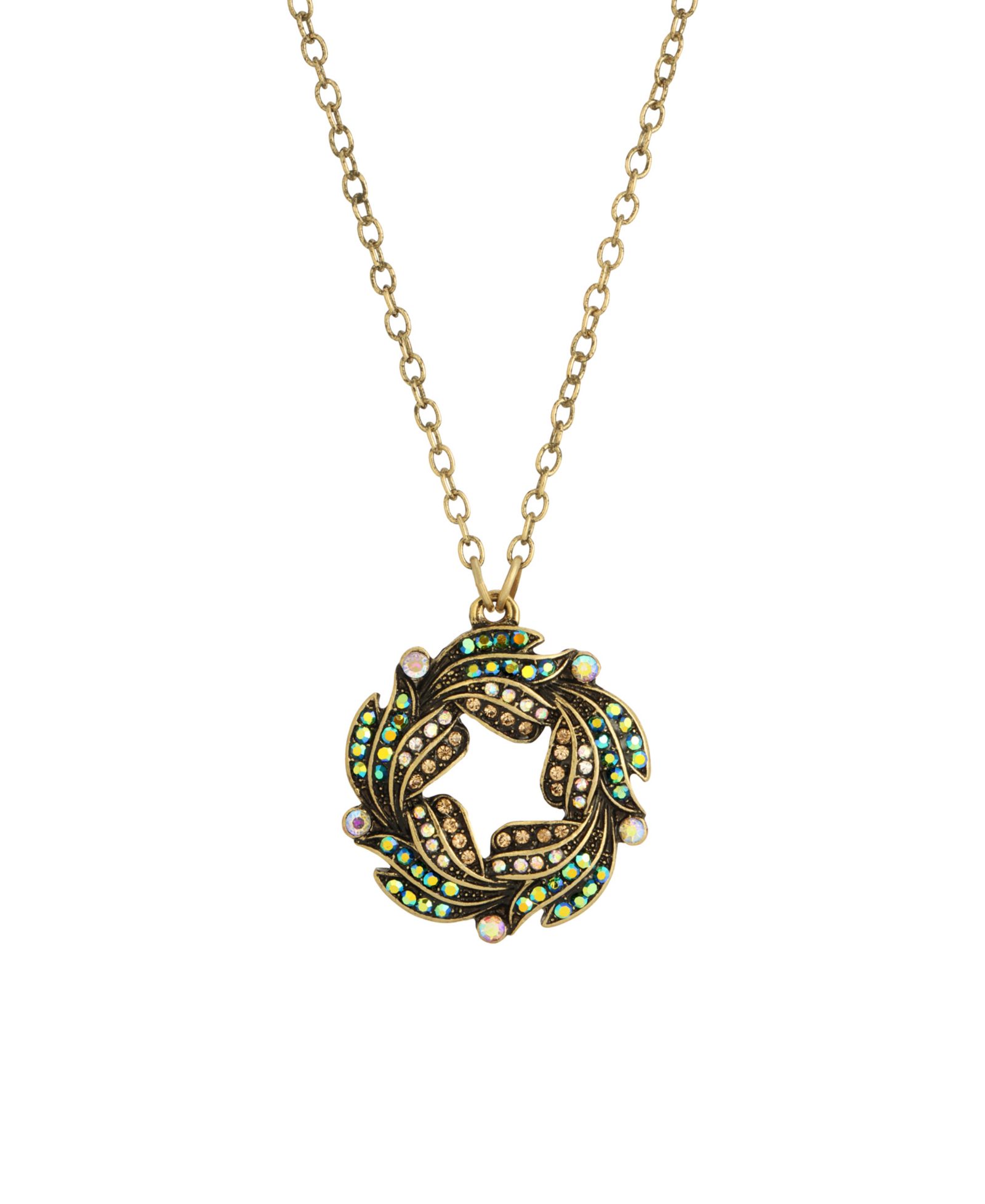 2028 Gold-Tone Blue Iridescent Aurora Borealis Glass Stone Wreath Necklace