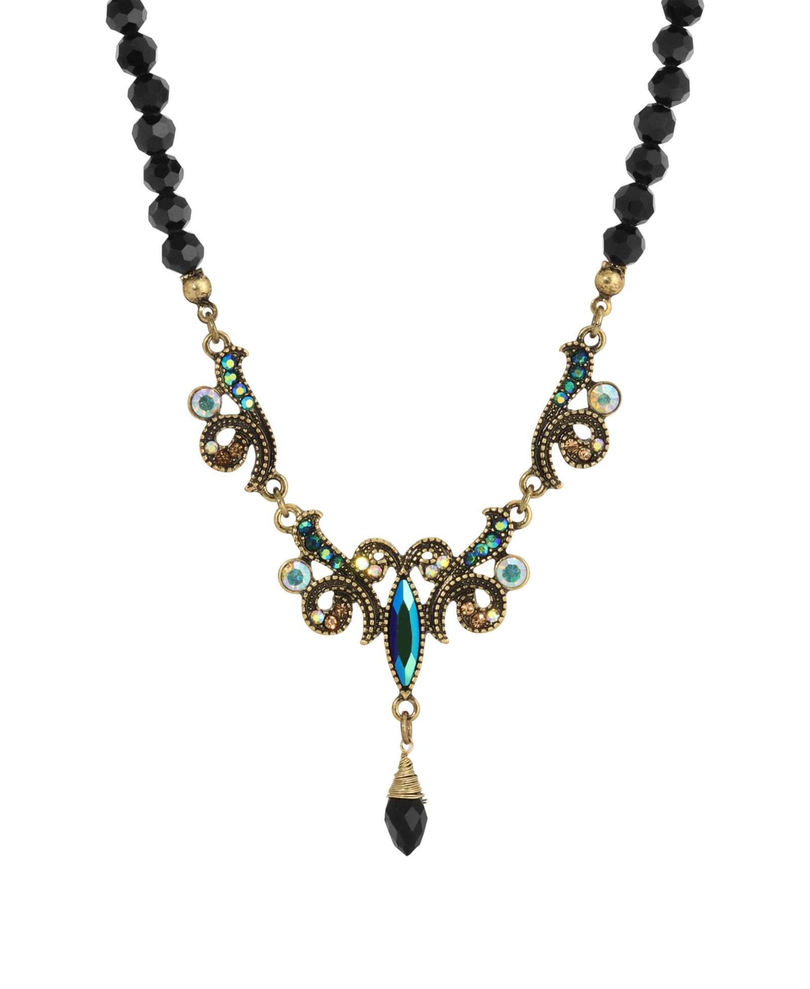 Ожерелье 2028 Gold-Tone Blue Iridescent Aurora Borealis Glass Stone и Jet Bead