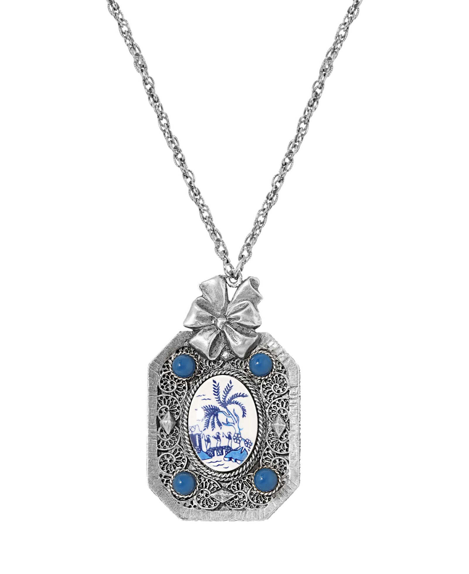 Овальный синий зеркальный кулон 2028 Oval Blue Willow