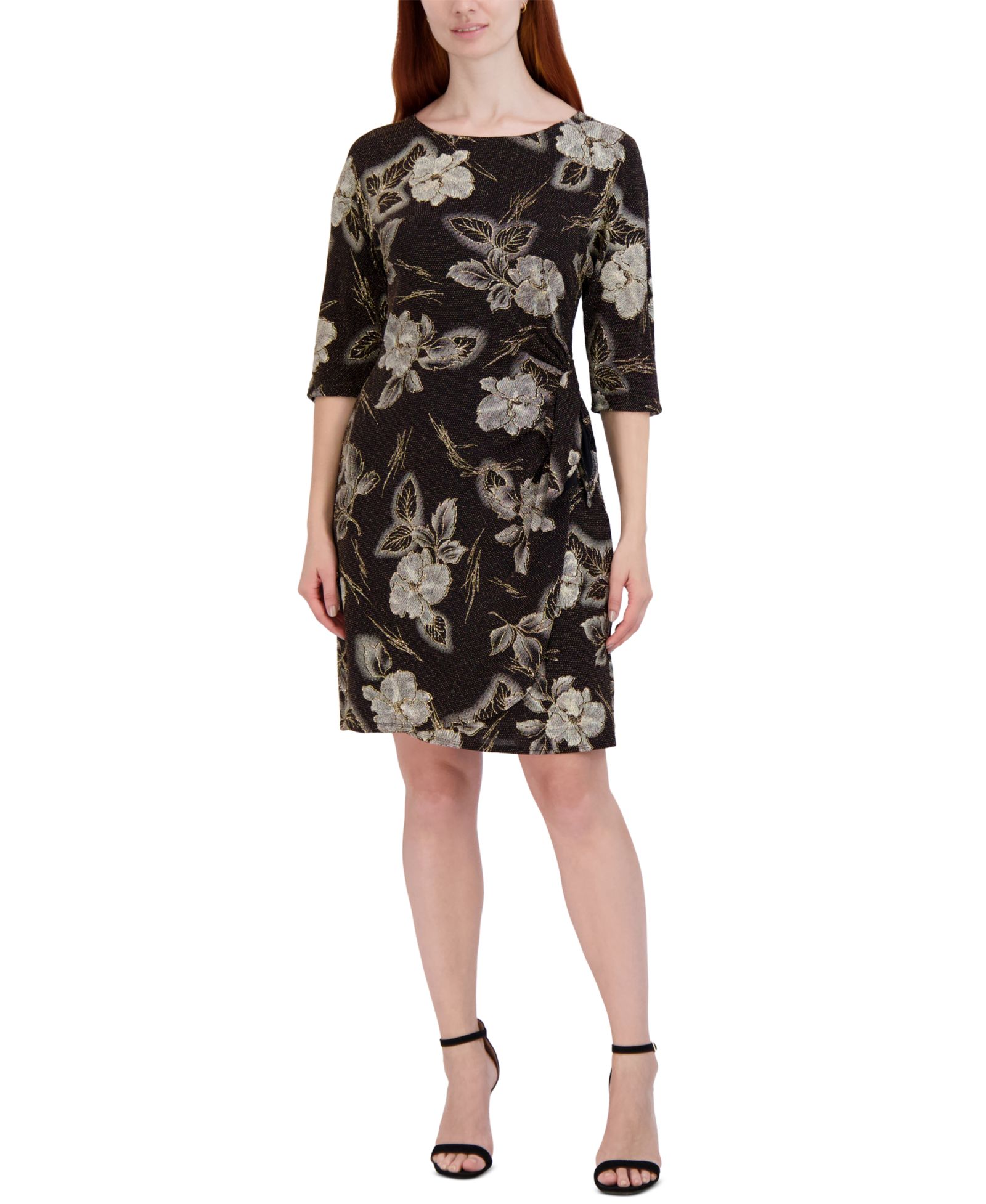 Robbie Bee Plus Size Floral-Print Side-Knot 3/4-Sleeve Sheath Dress