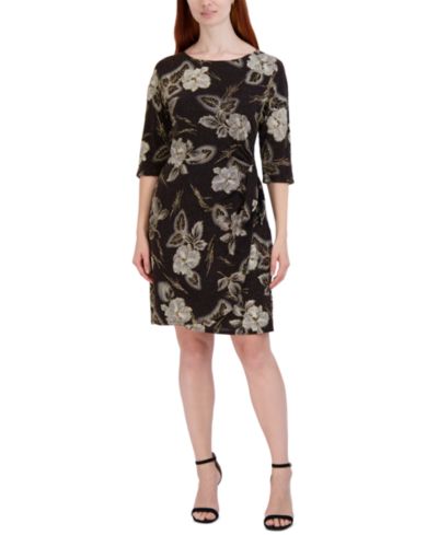 Robbie Bee Plus Size Floral-Print Side-Knot 3/4-Sleeve Sheath Dress
