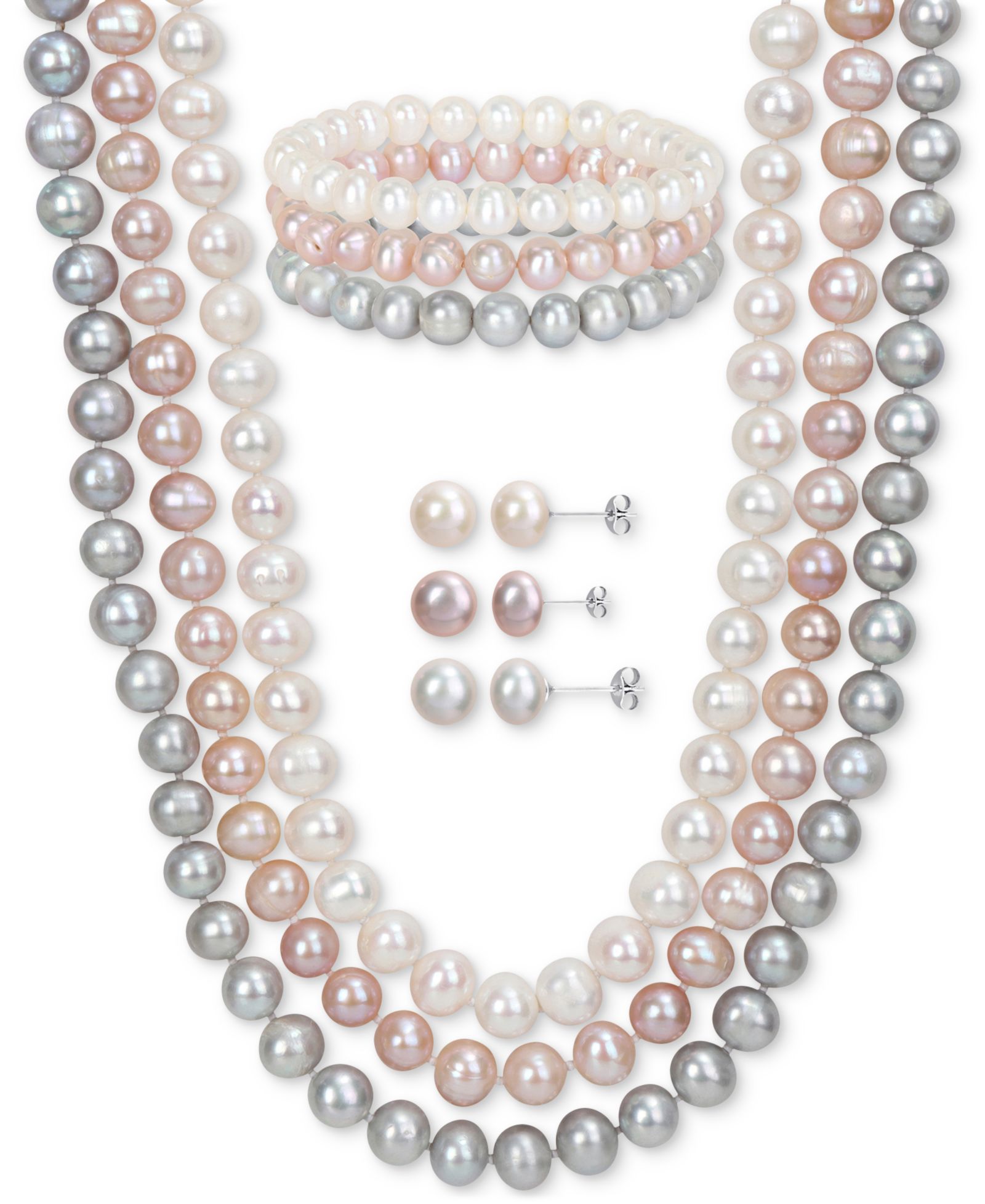 7-Pc. Set White, Black, & Gray Cultured Freshwater Pearl (7-1/2 - 8mm) Necklace, Bracelets, & Stud Earrings
