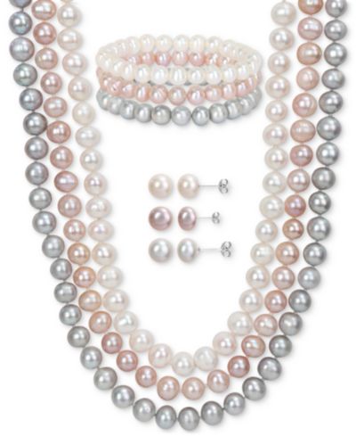 7-Pc. Set White, Black, & Gray Cultured Freshwater Pearl (7-1/2 - 8mm) Necklace, Bracelets, & Stud Earrings