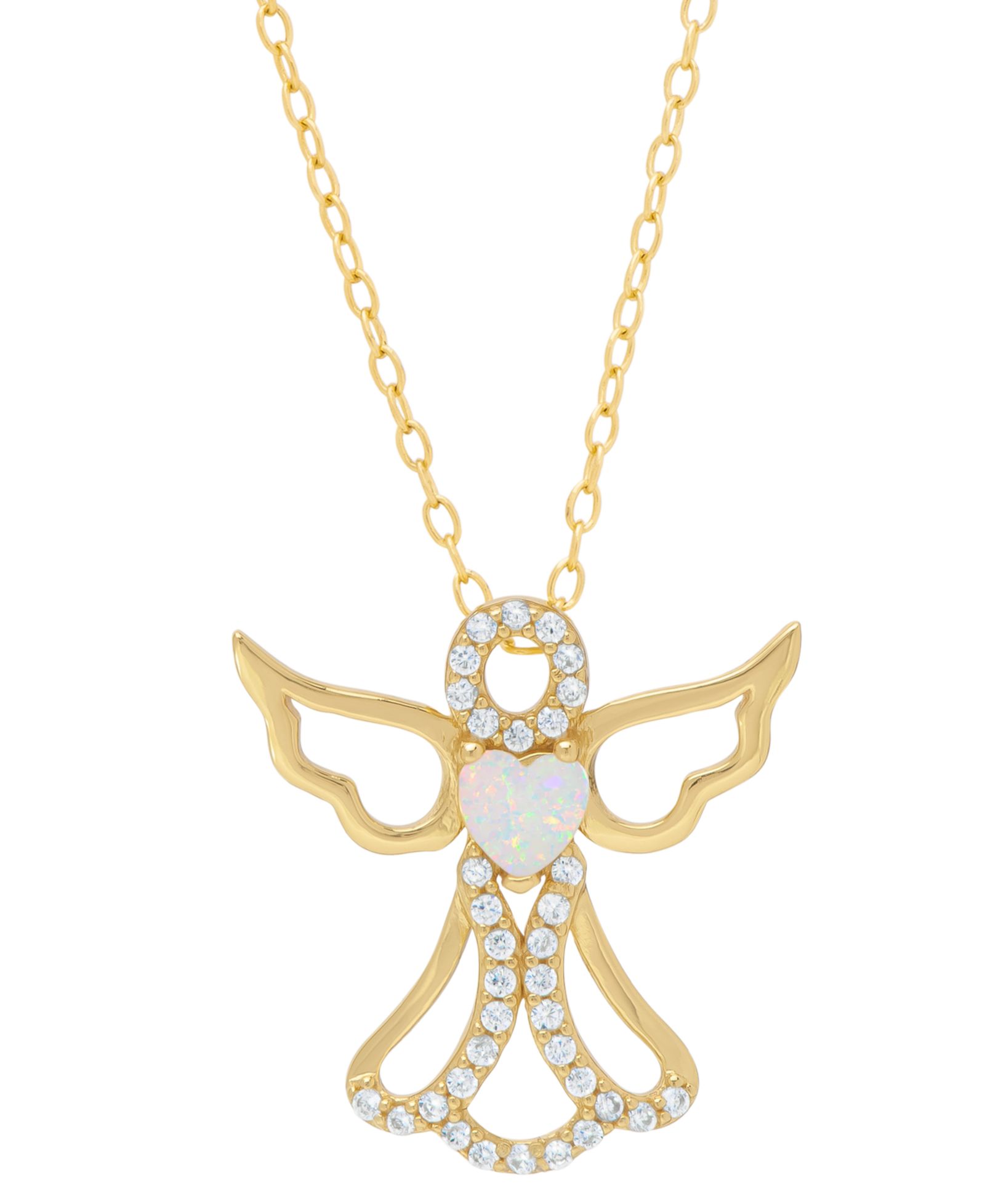 Подвеска-кулон Lab-grown Opal & Cubic Zirconia Heart Angel 18" 14k Gold-Plated Sterling Silver