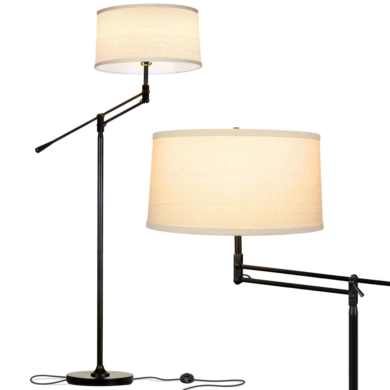 Ava 61" Height-Adjustable LED Black Floor Lamp with Classic Fabric Drum Shade