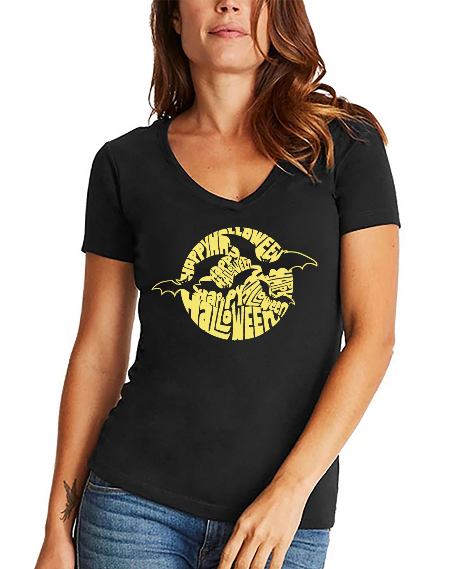 LA Pop Art Women's Halloween Bats Word Art V-neck T-shirt