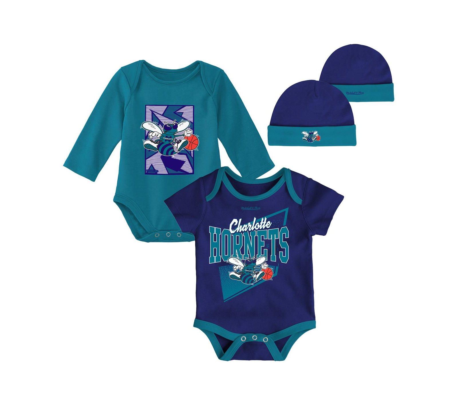 Mitchell & Ness комплект из 3 боди и вязаной шапки Charlotte Hornets для новорожденных