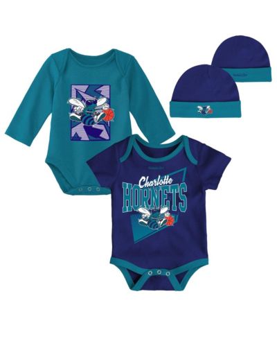 Newborn and Infant Boys and Girls Mitchell & Ness Purple, Teal Charlotte Hornets 3-Piece Hardwood Classics Bodysuits and Cuffed Knit Hat Set