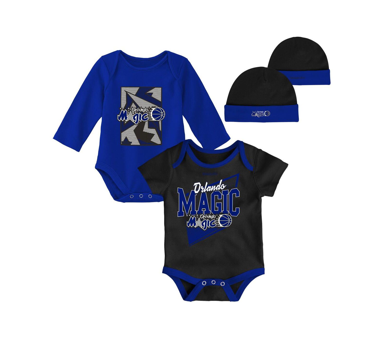 Infant Boys and Girls Mitchell & Ness Black, Blue Orlando Magic Hardwood Classics Bodysuits and Cuffed Knit Hat Set