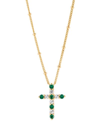 Lab-Grown Emerald (1/4 ct. t.w.) & Lab-Grown White Sapphire (1/3 ct. t.w.) Cross Pendant Necklace in 14k Gold-Plated Sterling Silver, 16" + 2" extender