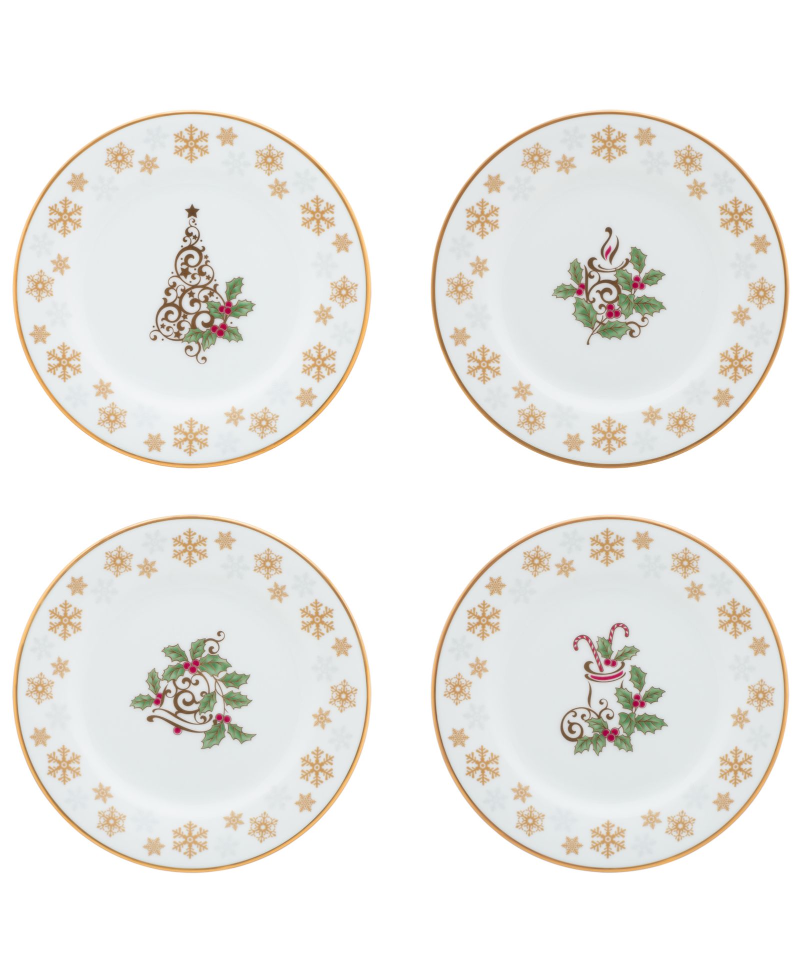 Набор из 4 праздничных закусочных тарелок Noritake Holly & Berry Gold 6.25"