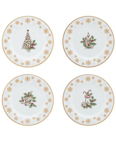 Набор из 4 праздничных закусочных тарелок Noritake Holly & Berry Gold 6.25"