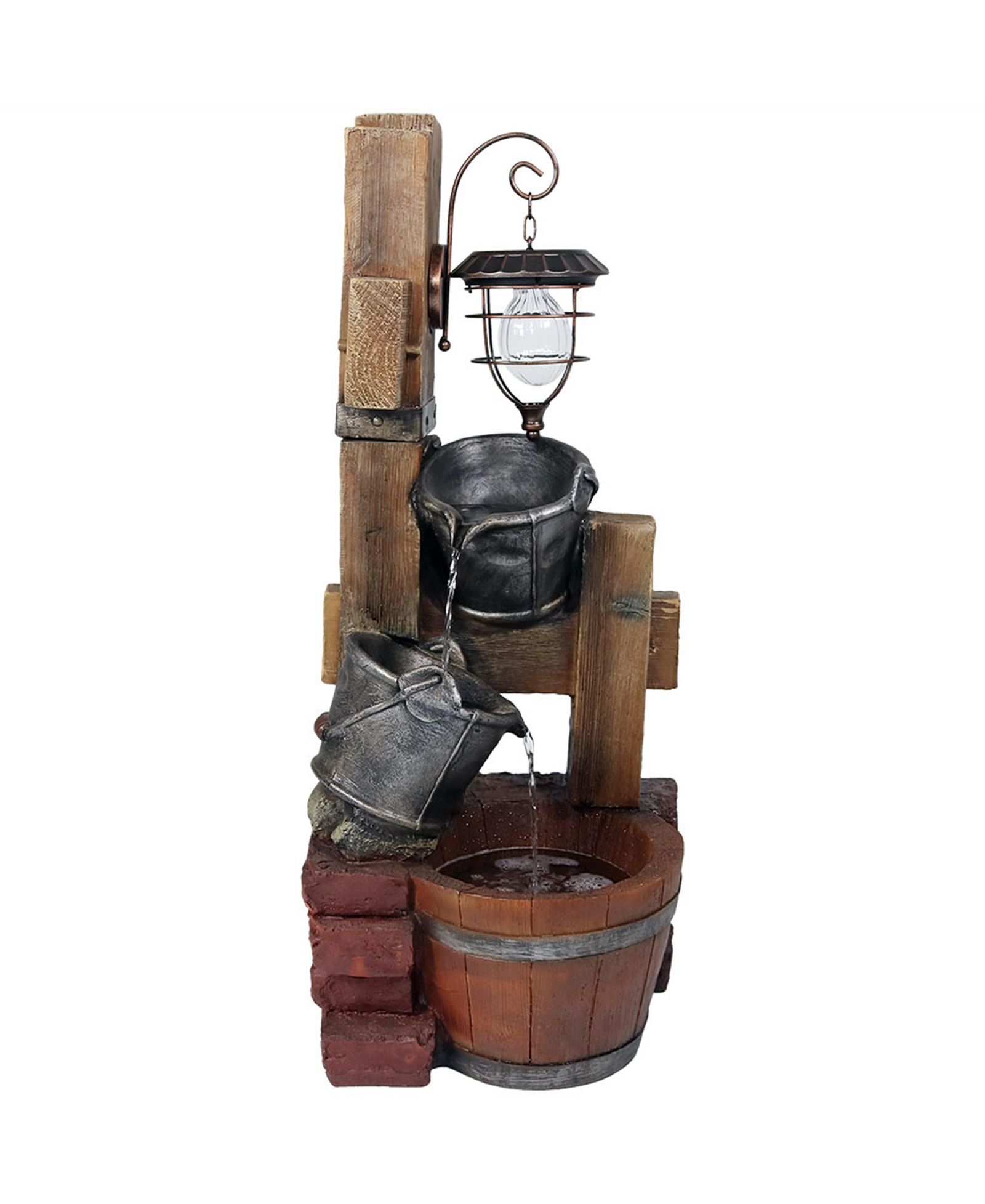 34"H Electric Polyresin Rustic Pouring Buckets Outdoor Water Fountain with Solar Lantern