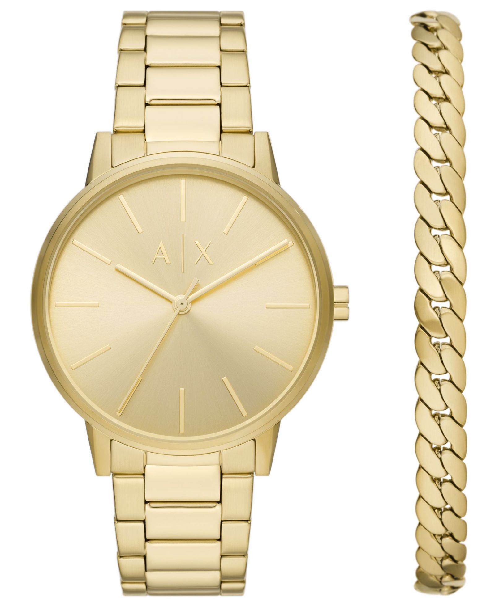 A|X Armani Exchange Men's Three-Hand Gold-Tone Stainless Steel Bracelet Watch and Bracelet Gift Set, 42mm