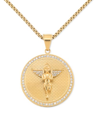 LEGACY for MEN by Simone I. Smith Crystal Angel Disc 24" Pendant Necklace in Gold-Tone Ion-Plated Stainless Steel