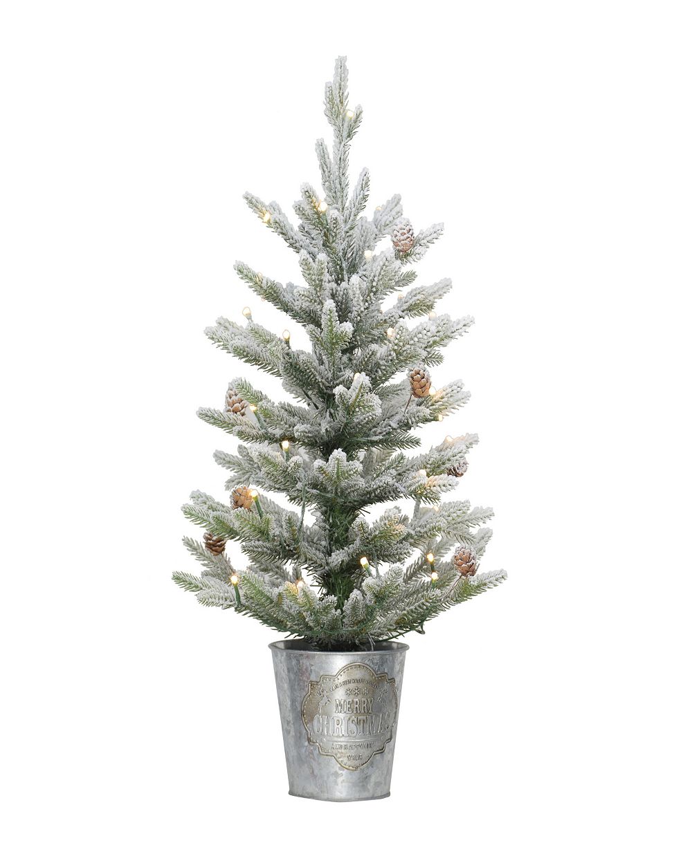 Puleo Pre-Lit Flocked Table Top Artificial Christmas Tree with 35 Lights in Metal Pot, 2'