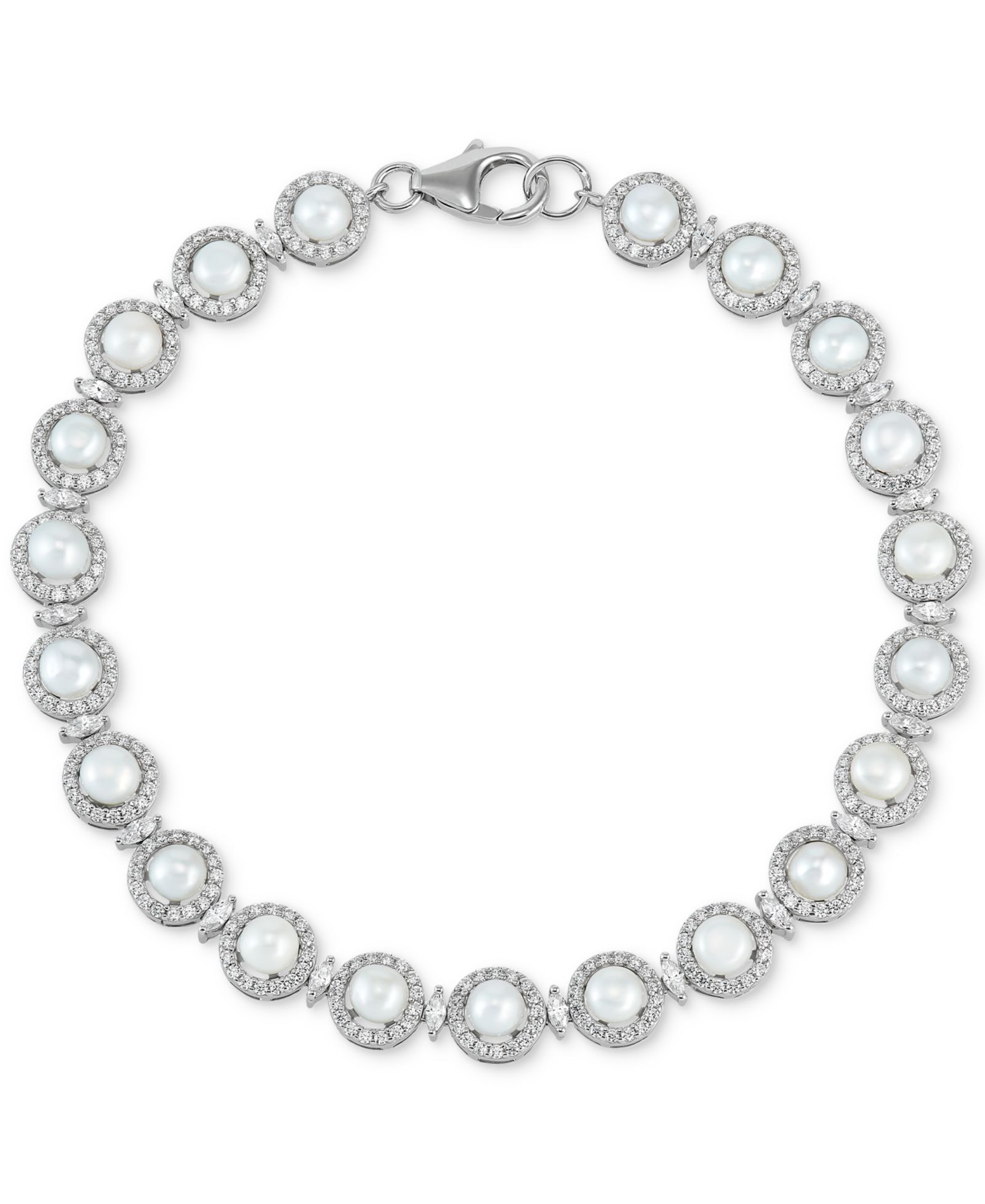 Arabella Cultured Freshwater Button Pearl (4 - 4-1/2mm) & Cubic Zirconia Link Bracelet in Sterling Silver