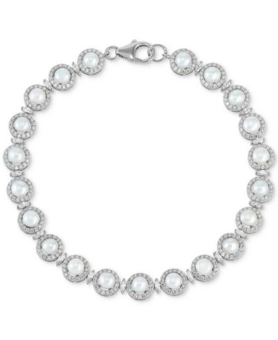 Arabella Cultured Freshwater Button Pearl (4 - 4-1/2mm) & Cubic Zirconia Link Bracelet in Sterling Silver
