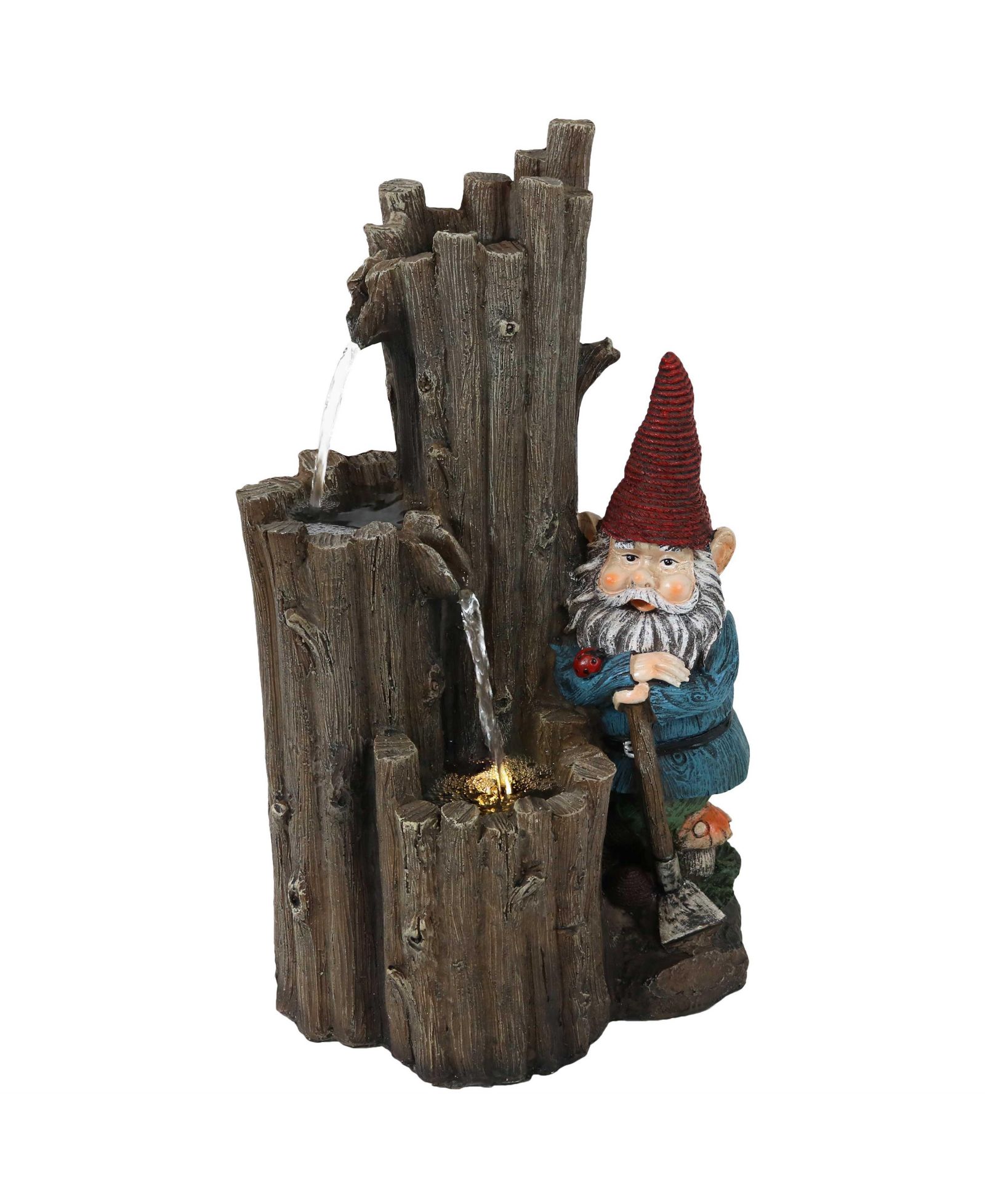 17"H Electric Polyresin Resting Gnome by Tiered Logs Outdoor Water Fountain with LED Light