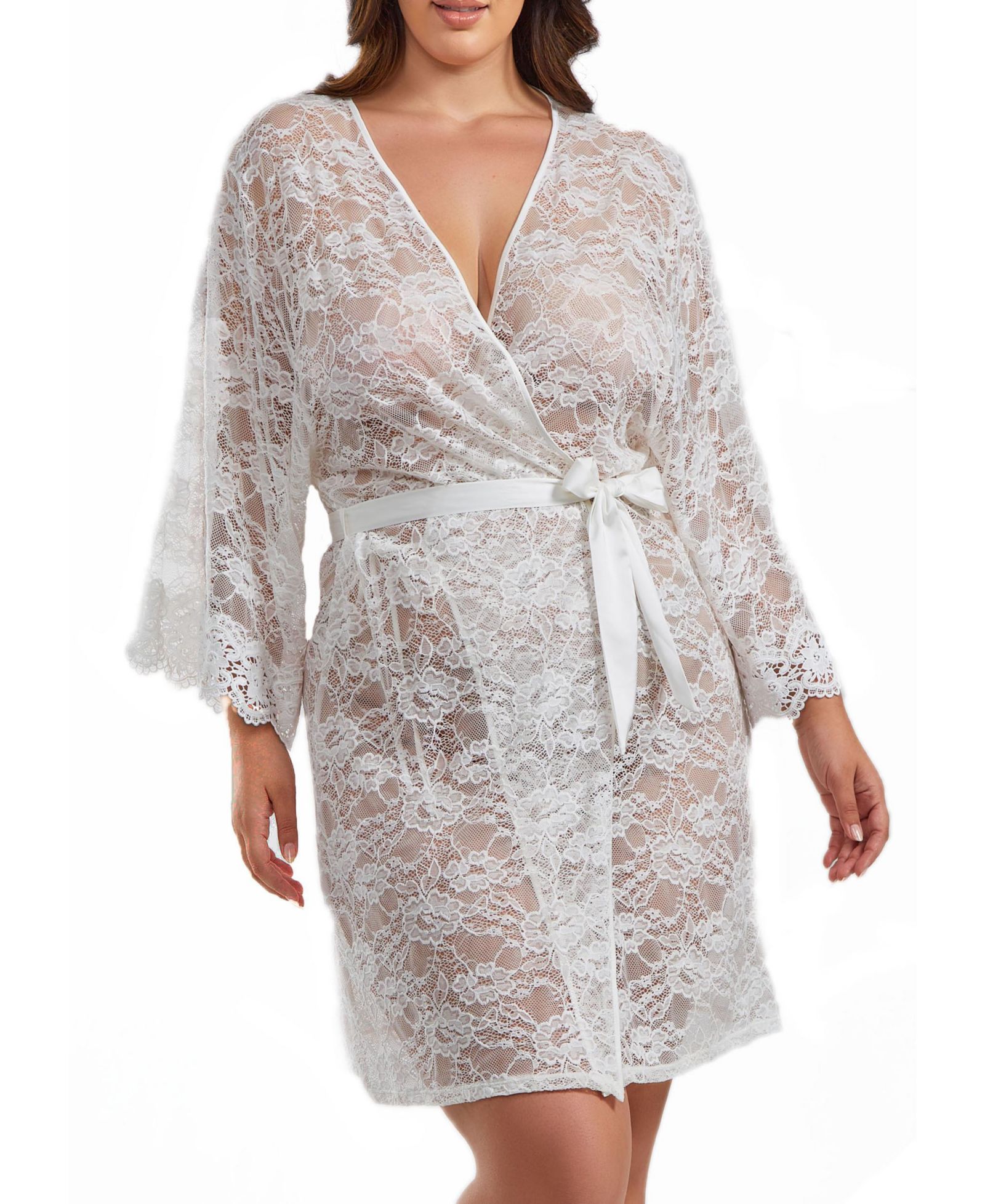 iCollection Jasmine Plus Size Soft Sheer Lace Robe with Self Tie Satin Sash