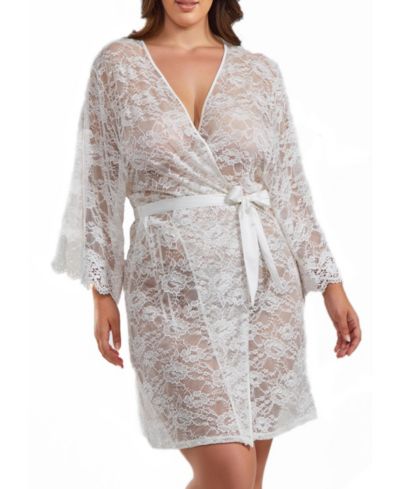 iCollection Jasmine Plus Size Soft Sheer Lace Robe with Self Tie Satin Sash