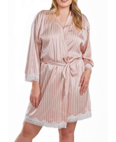iCollection Brillow Plus Size Satin Striped Robe with Self Tie Sash and Trimmed in Lace