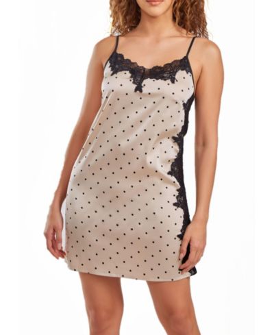 iCollection Women's Kareen Dotted Satin Chemise, Adorned in Front and Side Lace