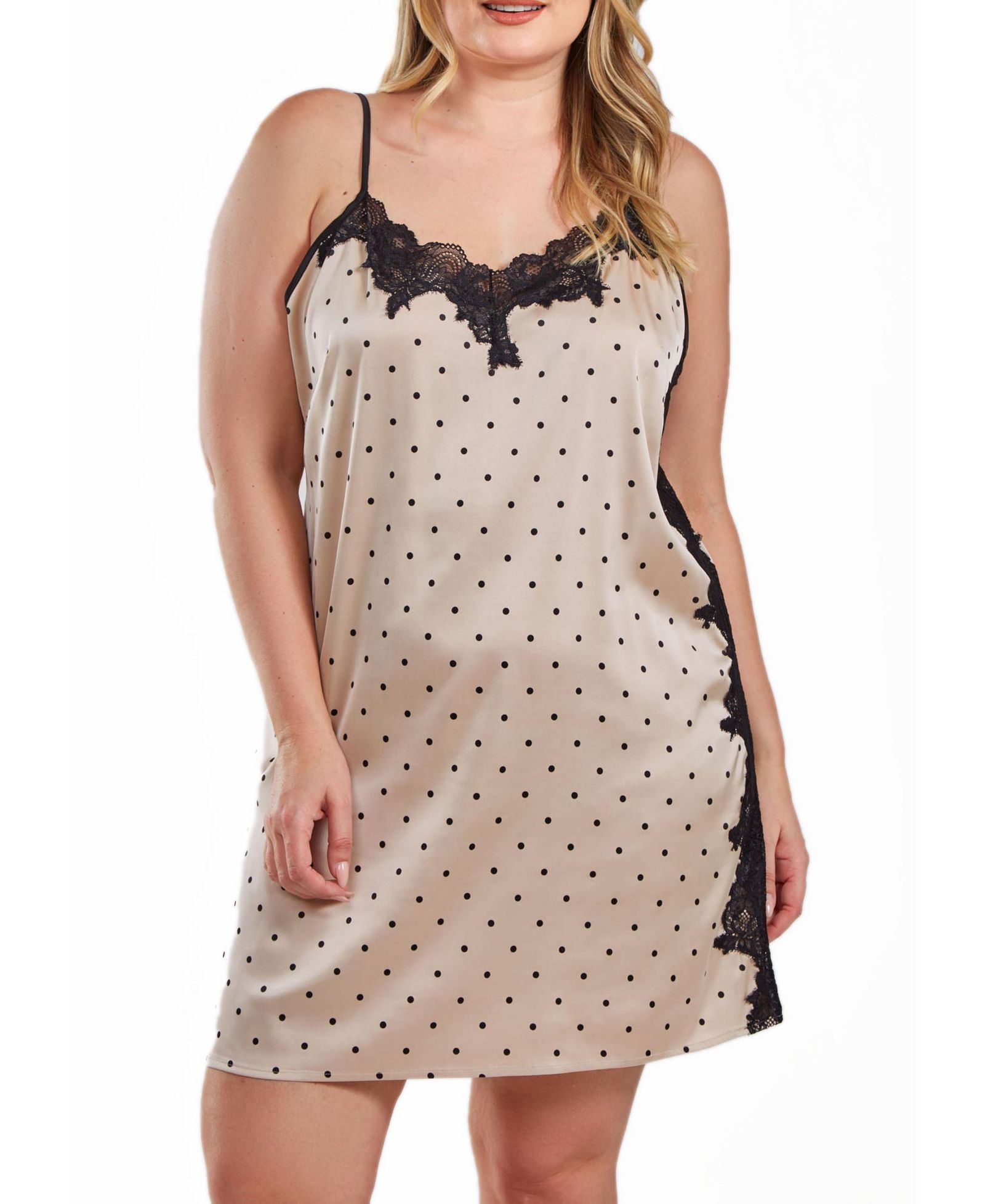 iCollection Kareen Dotted Plus Size Satin Chemise Adorned in Front and Side Lace