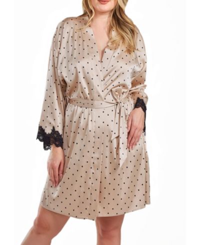 iCollection Kareen Plus Size Dotted Satin Robe with Lace Trimmed Sleeves and Self Tie Sash