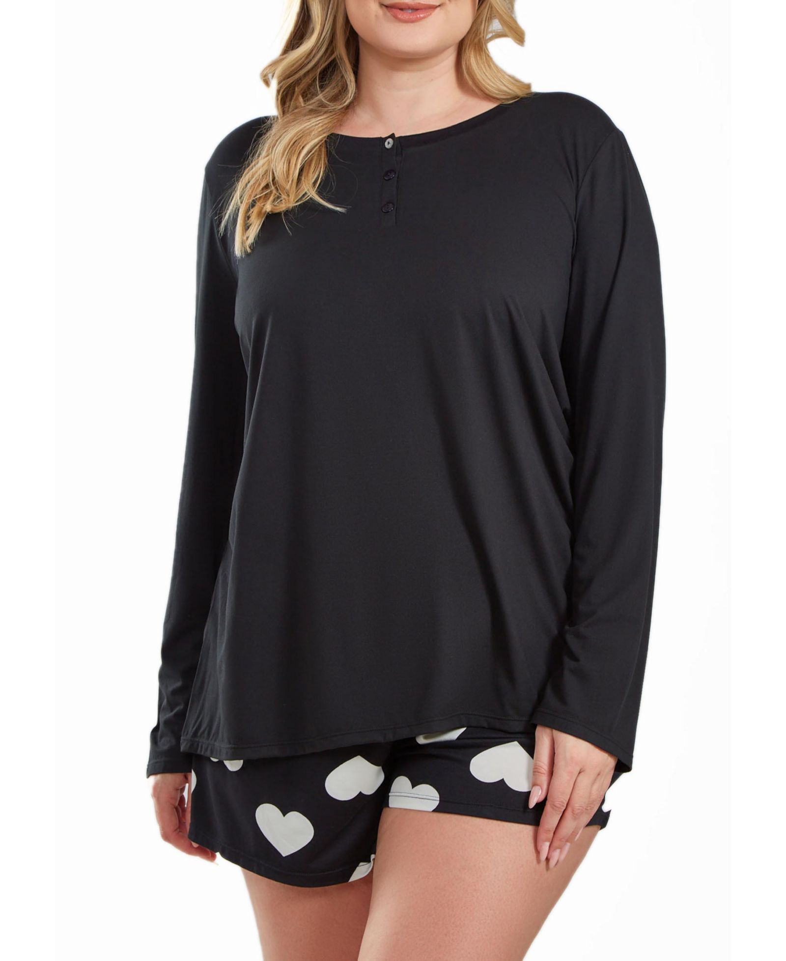 iCollection Kind Heart Plus Size Modal Henley Pajama Short Set Ultra Soft in Comfy Cozy Style, 2 Piece
