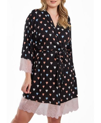 iCollection Tobey Plus Size Modal Hearts Robe Trimmed in Contrast Lace with Self Tie Sash