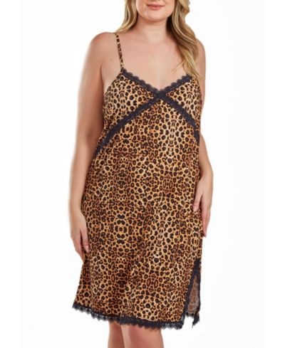 iCollection Chiya Plus Size Leopard Chemise with Lace Trim and Front Lace Slit