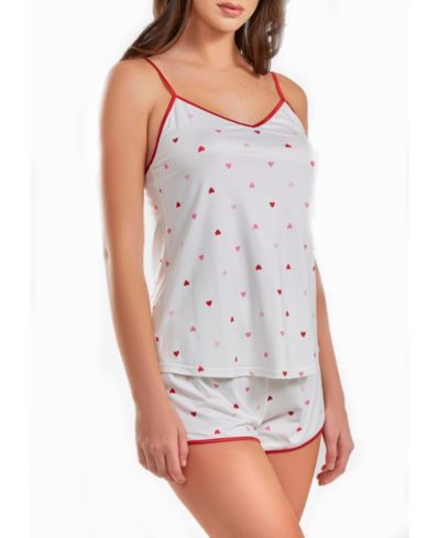 iCollection Women's Kyley Heart Printed Pajama Short Set Trimmed in Red